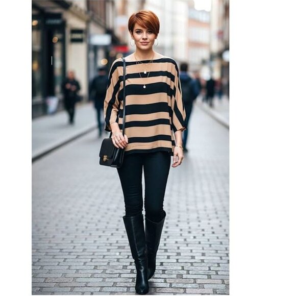 THE LOFT - striped tan/black lightweight 3/4 sleeve blouse - Picture 2 of 10